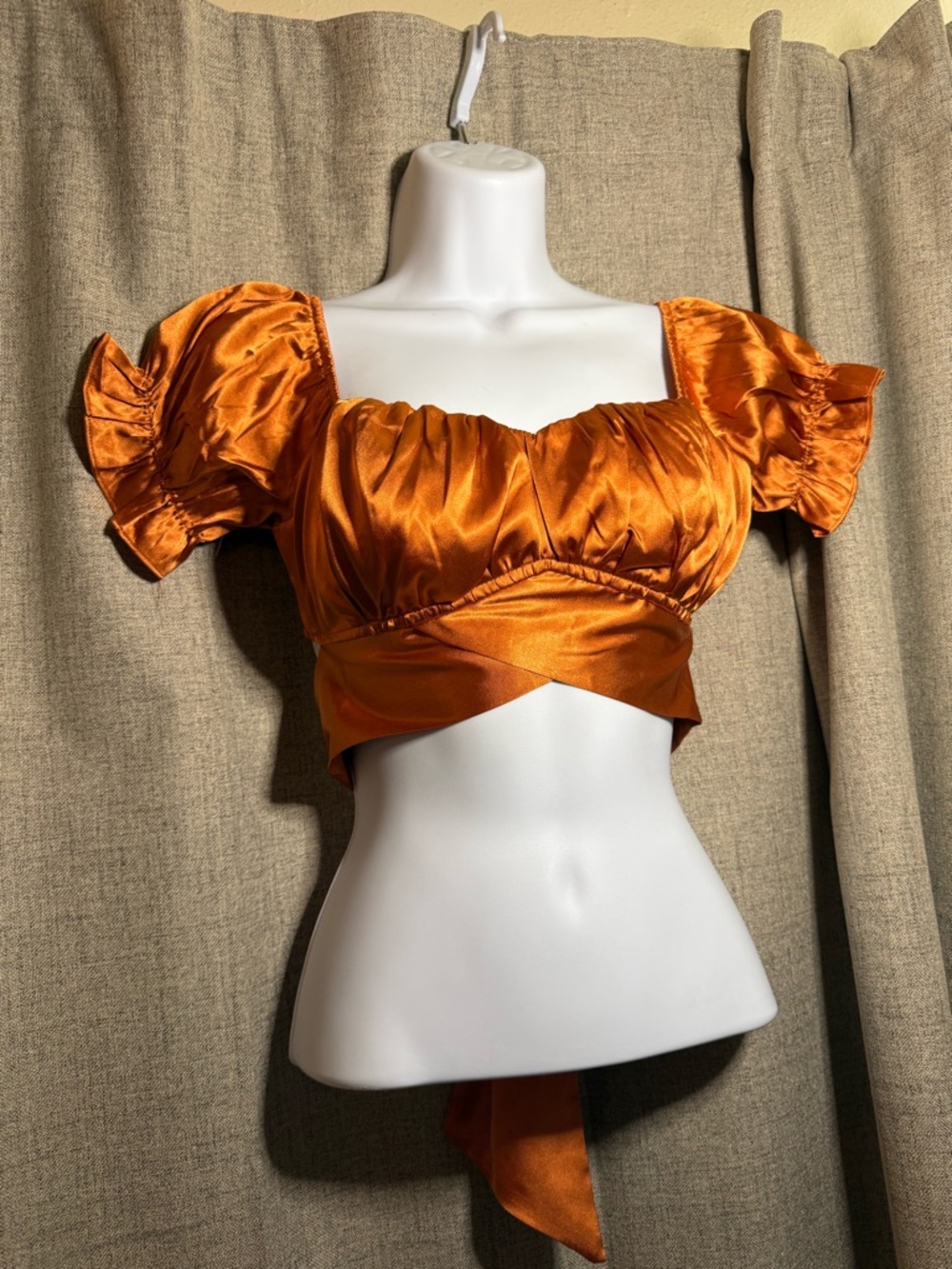 Satin Puff-Sleeve Crop Top with Waist Tie - Orange